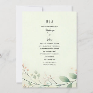 Invitación Monogramos hojas florales sage Boda beige verde