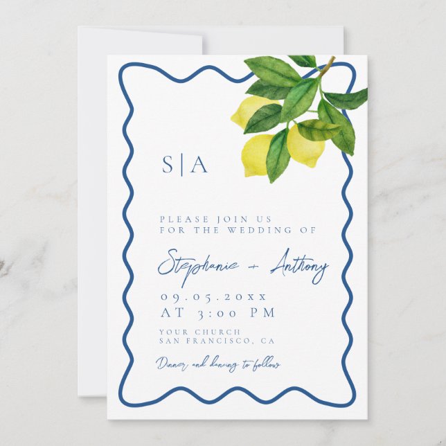 Invitación Monograms Lemon Citrus, Blue Wave Border Wedding   (Anverso)