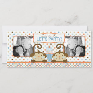 Invitación Monos gemelos y helados Sundae Cumpleaños