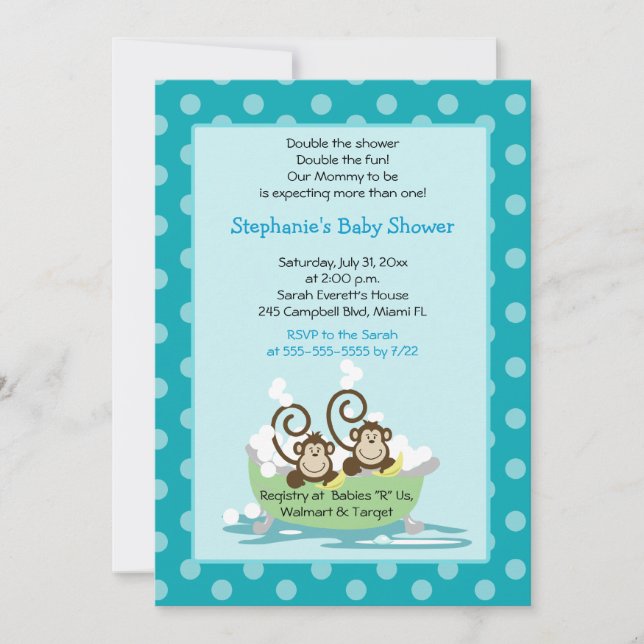 Invitación Monos tontos en Baby Shower de Tub Twins - Aqua (Anverso)