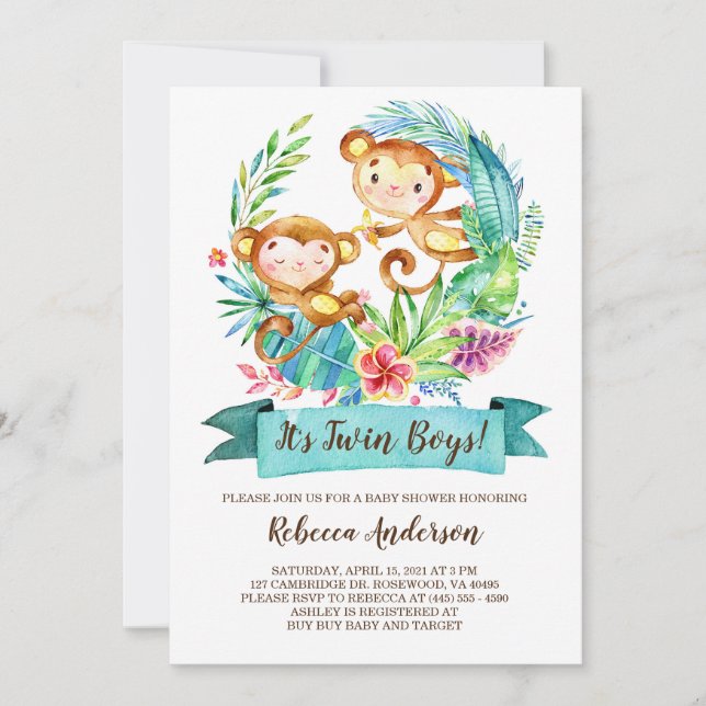 Invitación Monos tropicales Twin Boys Baby Shower (Anverso)