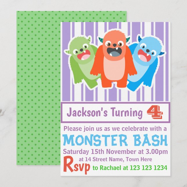 Invitación Monster Bash Colorful Personalizados Niños Cumplea (Anverso / Reverso)