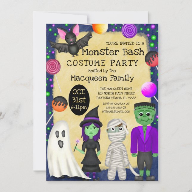Invitación Monster Bash Costume fiesta de Halloween (Anverso)