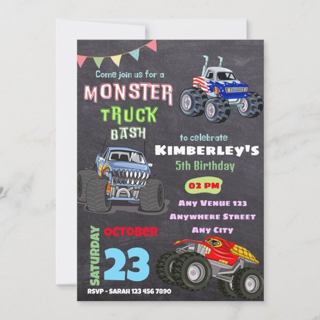 Invitación Monster Bash Truck Temática Niños Parte Cumpleaños (Anverso)