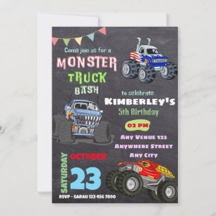 Invitación Monster Bash Truck Temática Niños Parte Cumpleaños