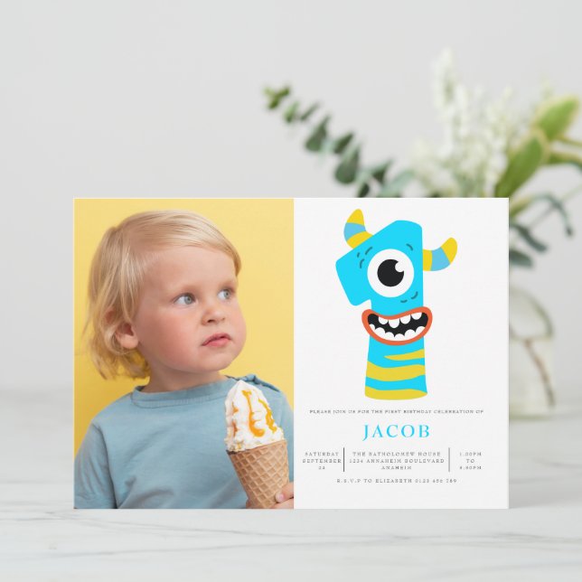 Invitación Monster Boys 1er cumpleaños Fiesta foto (Anverso de pie)