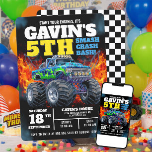 Invitación Monster Camión Guay Azul 5 cumpleaños personalizad