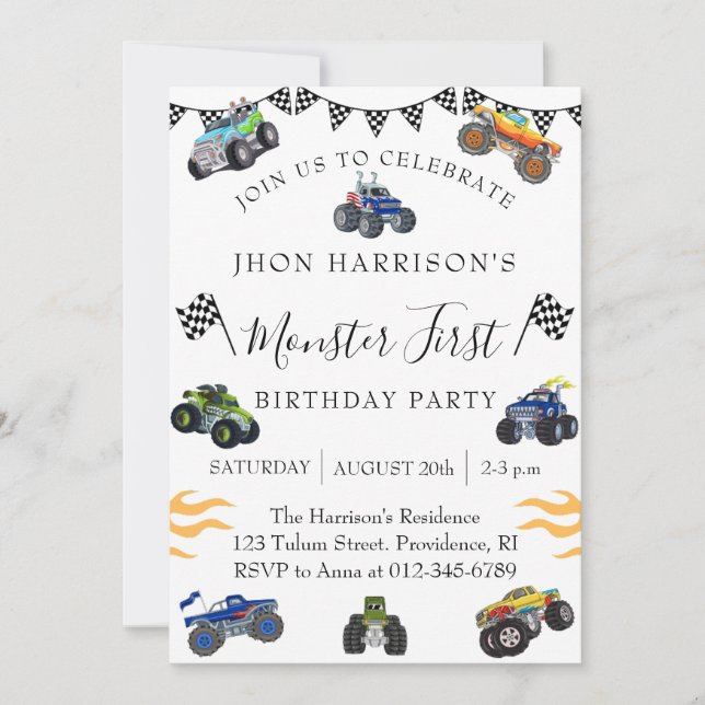 Invitación Monster Car Kids Fiesta de cumpleaños (Anverso)