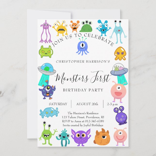 Invitación Monster First Birthday Party (Anverso)