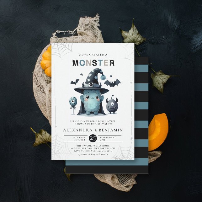 Invitación Monster Halloween Octubre Coed Boy Baby Shower (halloween baby shower invitation cute monster watercolor character coed couple october fall)