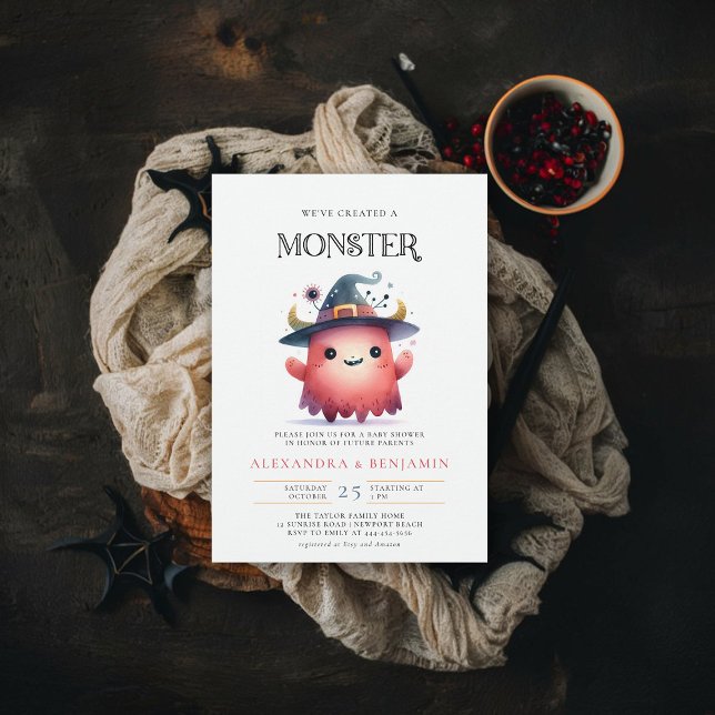Invitación Monster Halloween otoño Chica de octubre (fall halloween baby shower invitation cute monster watercolor character coed couple october)