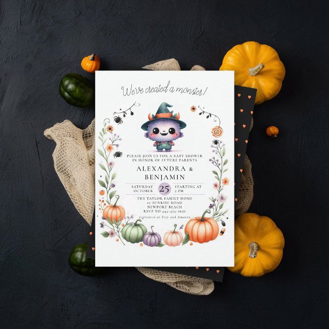 Invitación Monster Halloween otoño Wreath Coed Chica ducha (halloween baby shower invitation cute monster watercolor character coed couple october fall floral)