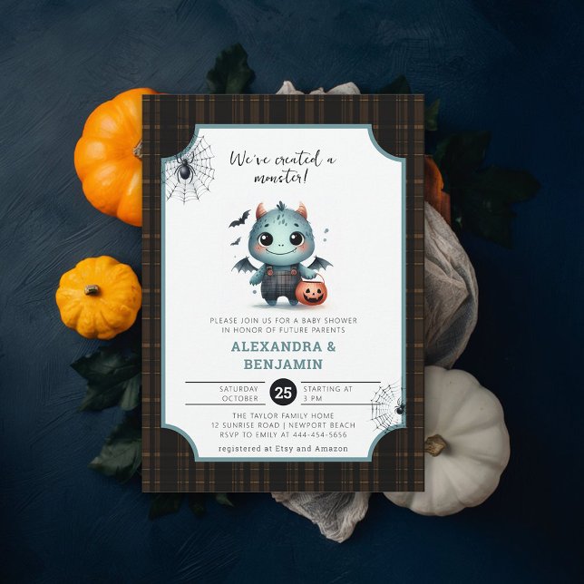 Invitación Monster Halloween Tartan Cute Coed Boy Baby Shower (halloween baby shower invitation monster watercolor character coed couple october fall plaid tartan)