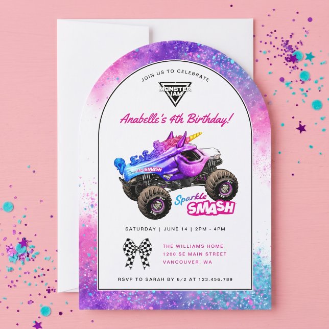 Invitación Monster Jam - Cumpleaños de Sparkle Smash (Simulated invitation on table)