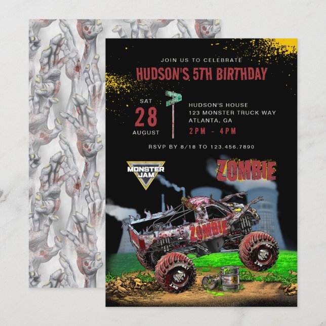 Invitación Monster Jam - Cumpleaños Zombie (Anverso / Reverso)