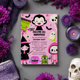 Invitación Monster Mash Niños Rosa Fiesta de Cumpleaños de Ha