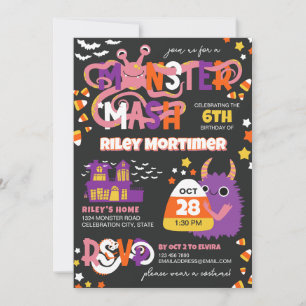 Invitación Monster Mash Typography Chica Halloween Cumpleaños