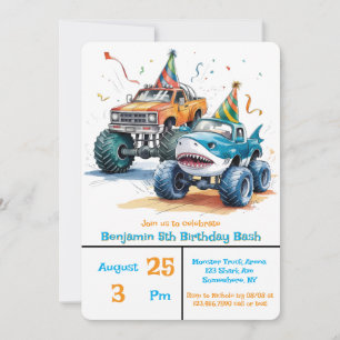 Invitación Monster Shark Truck Birthday Bash Watercolor Art