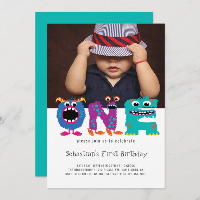 Invitación Monster Textos Primer cumpleaños foto personalizad (Anverso / Reverso)