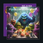 Invitación Monster Theme Kids Halloween Birthday Party<br><div class="desc">Si un niño tiene un cumpleaños cercano a Halloween, celebre con estilo con una invitación de fiesta de cumpleaños con temática de monstruo-Halloween. Monstruos alegres y coloridos rodean una mesa cargada de comida, con globos fiestas en el fondo. La espalda es púrpura sólido, con espacio para detalles fiestas, y más...</div>