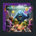 Invitación Monster Theme Kids Halloween Birthday Party<br><div class="desc">Si un niño tiene un cumpleaños cercano a Halloween, celebre con estilo con una invitación de fiesta de cumpleaños con temática de monstruo-Halloween. Monstruos alegres y coloridos rodean una mesa cargada de comida, con globos fiestas en el fondo. La espalda es púrpura sólido, con espacio para detalles fiestas, y más...</div>