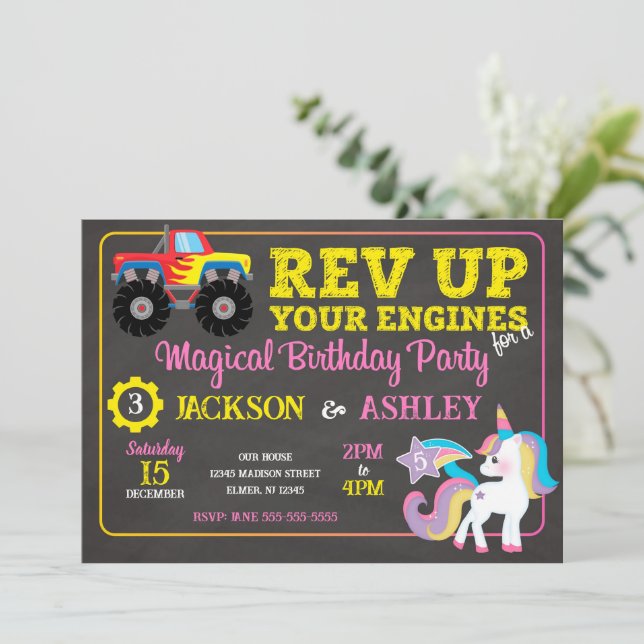 Invitación Monster Truck and Unicorn Joint Birthday (Anverso de pie)