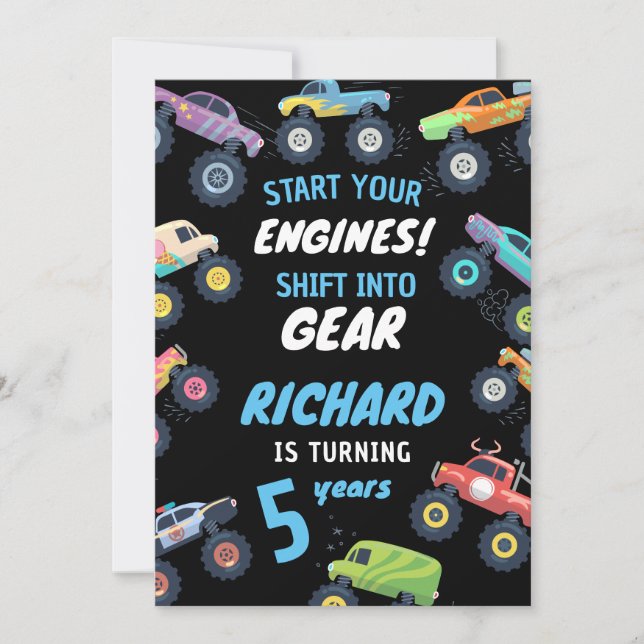 Invitación Monster Truck Aventura De Cumpleaños Para Niños Gr (Anverso)