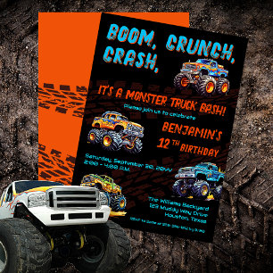 Invitación Monster Truck Bash Boy 12ª fiesta de cumpleaños