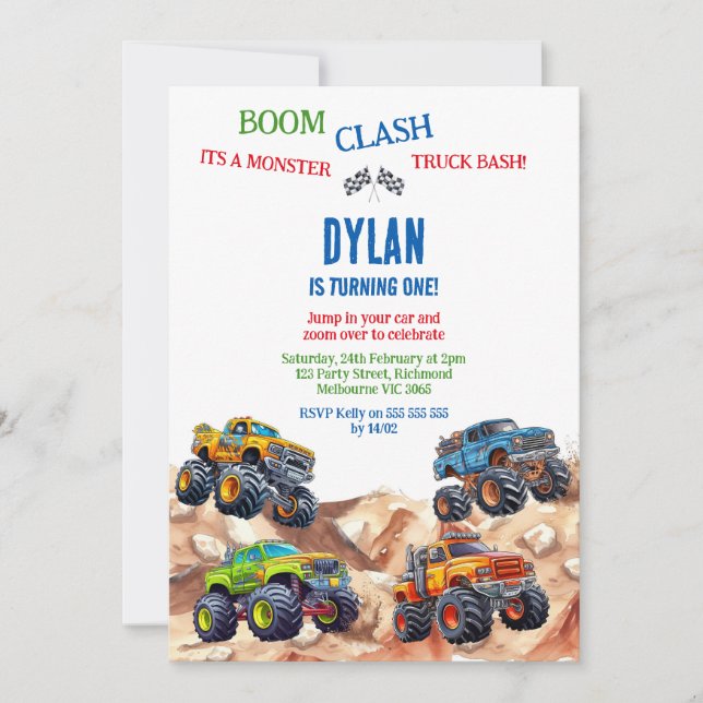 Invitación Monster Truck Bash Boy Birthday Invitation (Anverso)