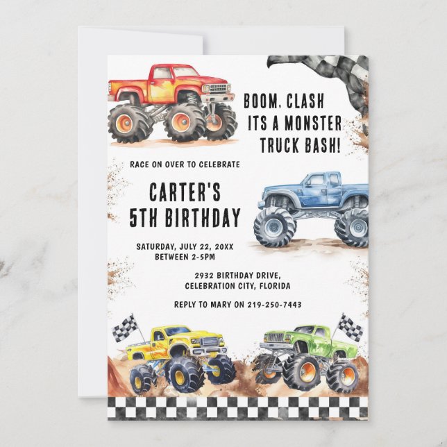 Invitación Monster Truck Bash Boy Birthday Invitation (Anverso)