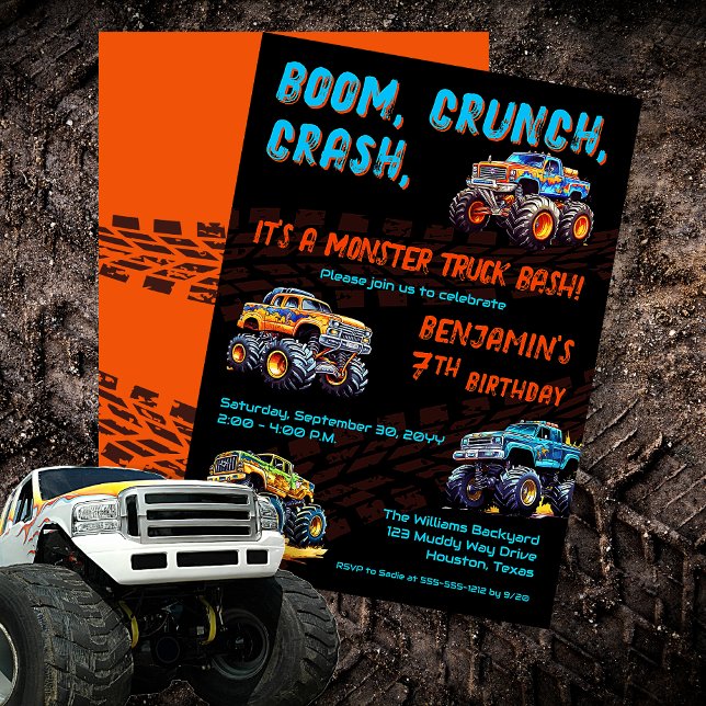 Invitación Monster Truck Bash Boy fiesta de cumpleaños 7 ("Boom, Crunch, Crash, It's A Monster Truck Bash" Boy's 7th Birthday Party Invitation)
