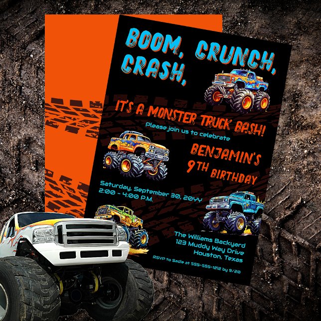 Invitación Monster Truck Bash Boy Novena fiesta de cumpleaños ("Boom, Crunch, Crash, It's A Monster Truck Bash" Boy's 9th Birthday Party Invitation)