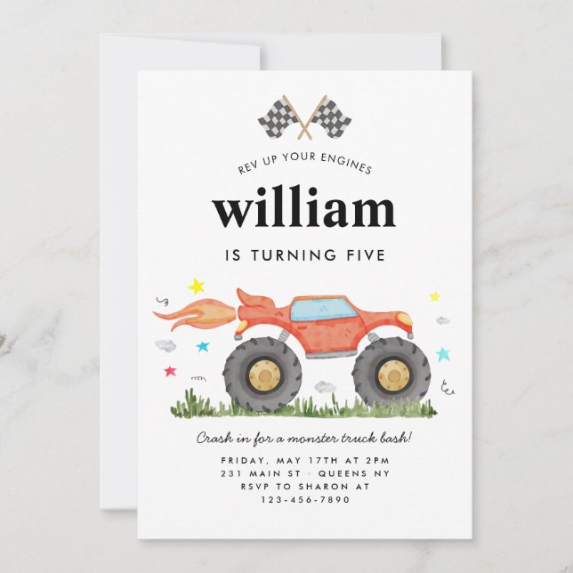 Invitación Monster Truck Bash Car Race Flags Kids Cumpleaños (Anverso)