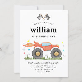 Invitación Monster Truck Bash Car Race Flags Kids Cumpleaños