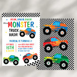 Invitación Monster Truck Bash Colorful Groovy Kids Cumpleaños<br><div class="desc">BOOM,  SMASH,  CRASH,  ¡ES UNA BASURA DE MONSTRUO! CAMIONES COLORIDAS ROJAS VERDES Y BLANCAS CON INVITACIÓN DE CUMPLEAÑOS DE CUMPLEAÑOS DE CUMPLEAÑOS CON ESTILO RETRO DE PATRÓN VERDE Y BLANCO</div>