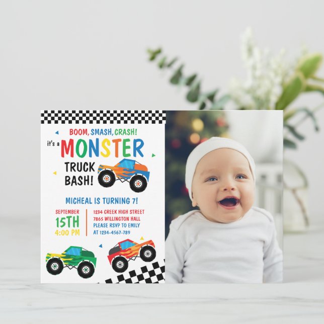 Invitación Monster Truck Bash Colorful Groovy Kids Cumpleaños (Anverso de pie)
