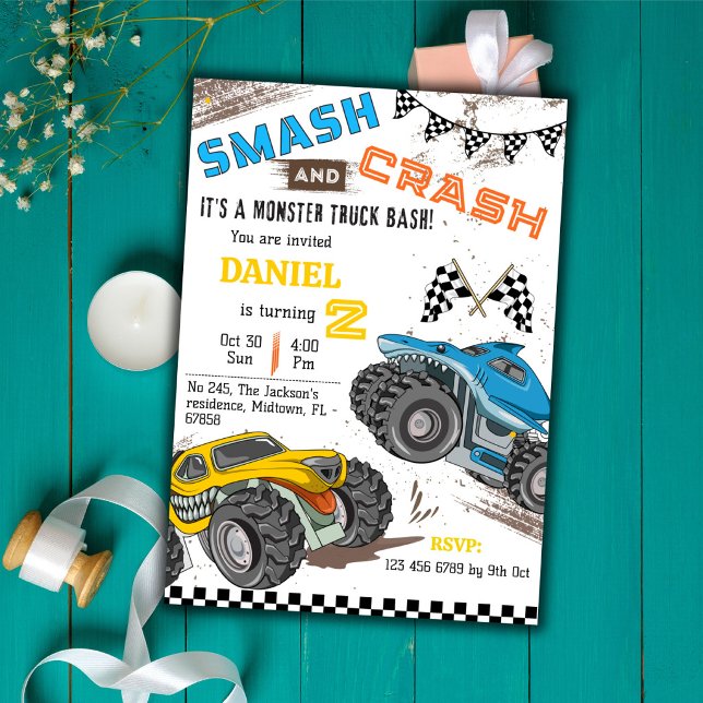 Invitación Monster truck bash cool modern kid 2nd birthday (Subido por el creador)