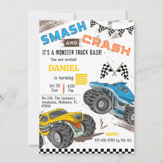 Invitación Monster truck bash cool modern kid 5th birthday