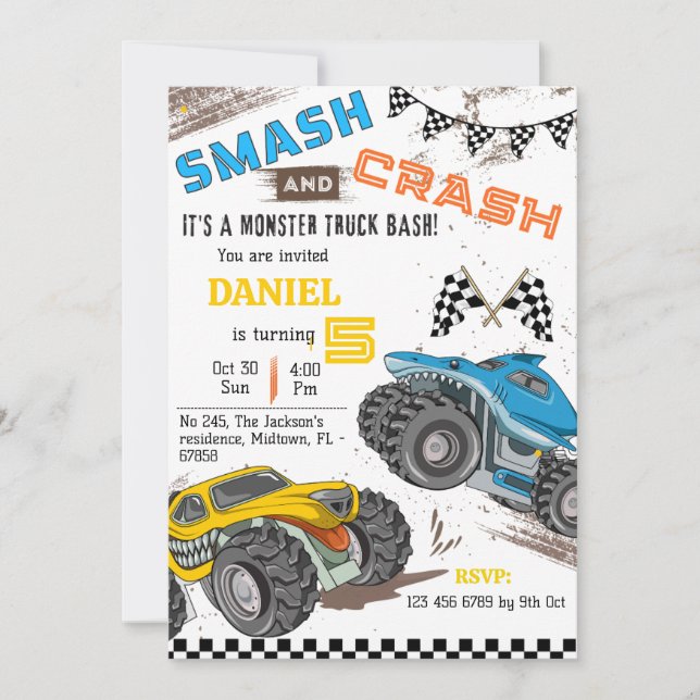 Invitación Monster truck bash cool modern kid 5th birthday (Anverso)