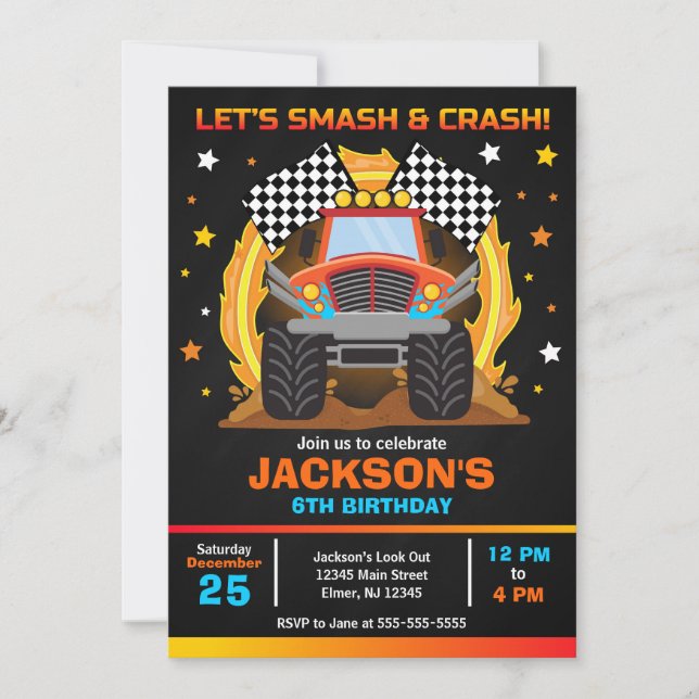 Invitación Monster Truck Birthday Bash (Anverso)