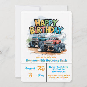 Invitación Monster Truck Birthday Bash Watercolor Art