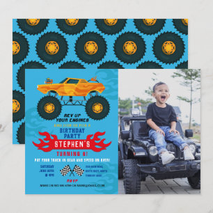 Invitación Monster Truck Birthday Party flama Big Photo Blue