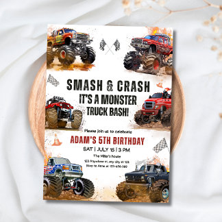 Invitación Monster Truck Birthday Party Smash Crash Truck Boy