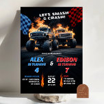 Invitación Monster Truck Boys Joint Birthday<br><div class="desc">Invitación de cumpleaños a Monster Truck Joint Birday,  Blue Red Truck Race Kids Cumpleaños doble,  Smash and Crash Truck Monster Pareja Fiesta de cumpleaños</div>