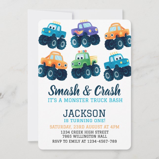 Invitación Monster Truck Colorful Boys foto de cumpleaños (Anverso)