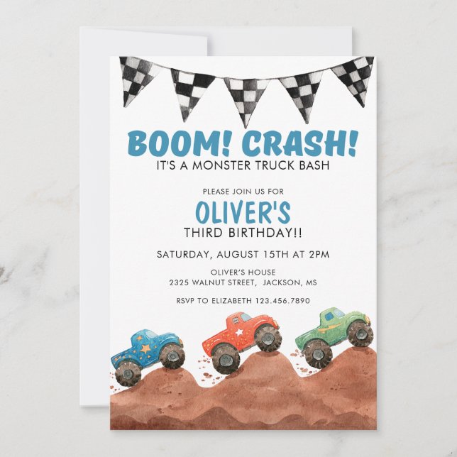 Invitación Monster Truck Colorful Cars Birthday (Anverso)
