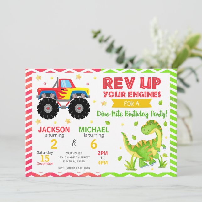 Invitación Monster Truck & Dinosaur Joint Birthday Invitation (Anverso de pie)