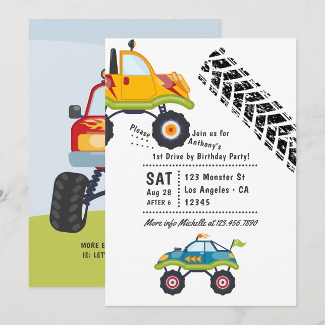 Invitación Monster Truck Drive por fiesta de cumpleaños (Anverso / Reverso)