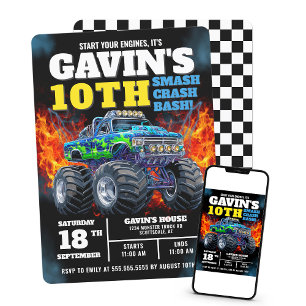 Invitación Monster Truck Guay Blue 10° cumpleaños personaliza