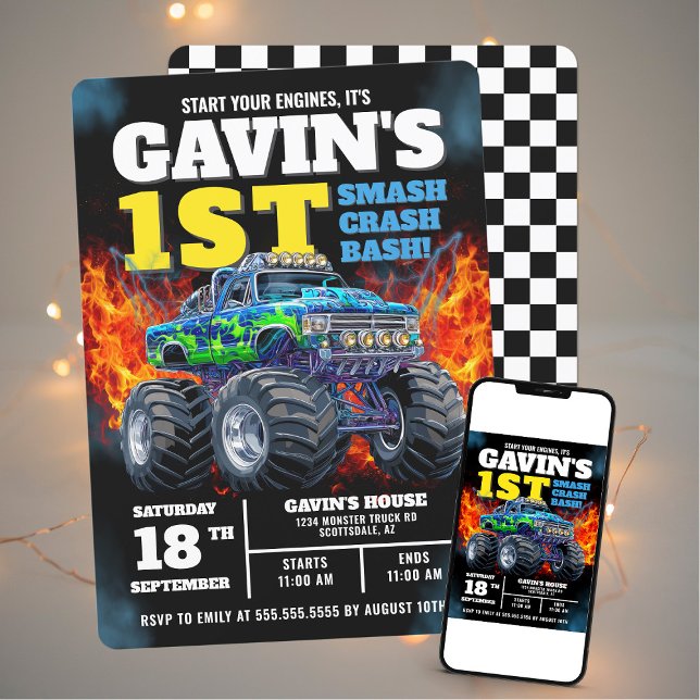 Invitación Monster Truck Guay Blue 1er cumpleaños personaliza (Subido por el creador)